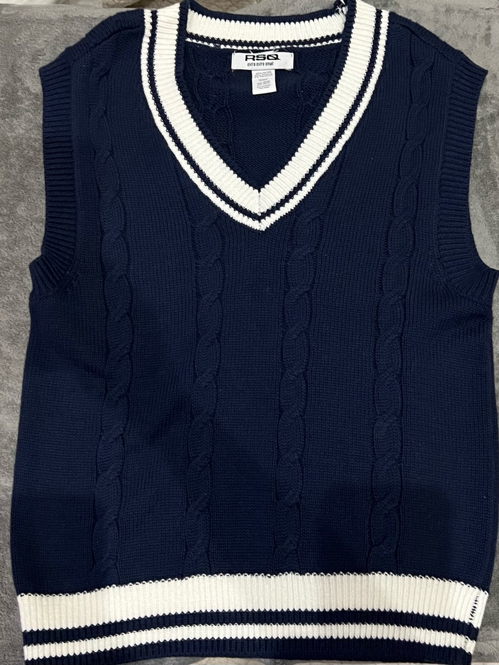RSQ Navy Cable-Knit V-Neck Sweater Vest with White Trim
